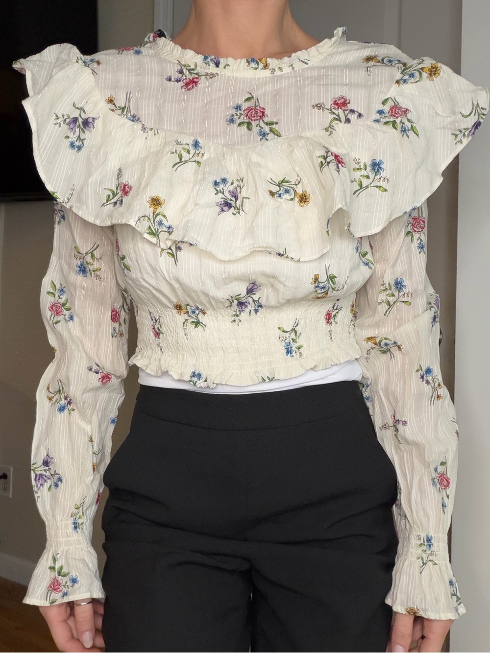 Zara Floral Ruffle Smocked Waist Long-Sleeve Top - Cream